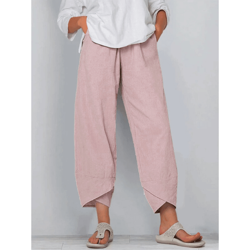 👖 Calça Vintage em Linho e Algodão com Cintura Elástica Assimétrica – Design Único, Conforto e Estilo Funcional para o Dia a Dia! 🌸✨