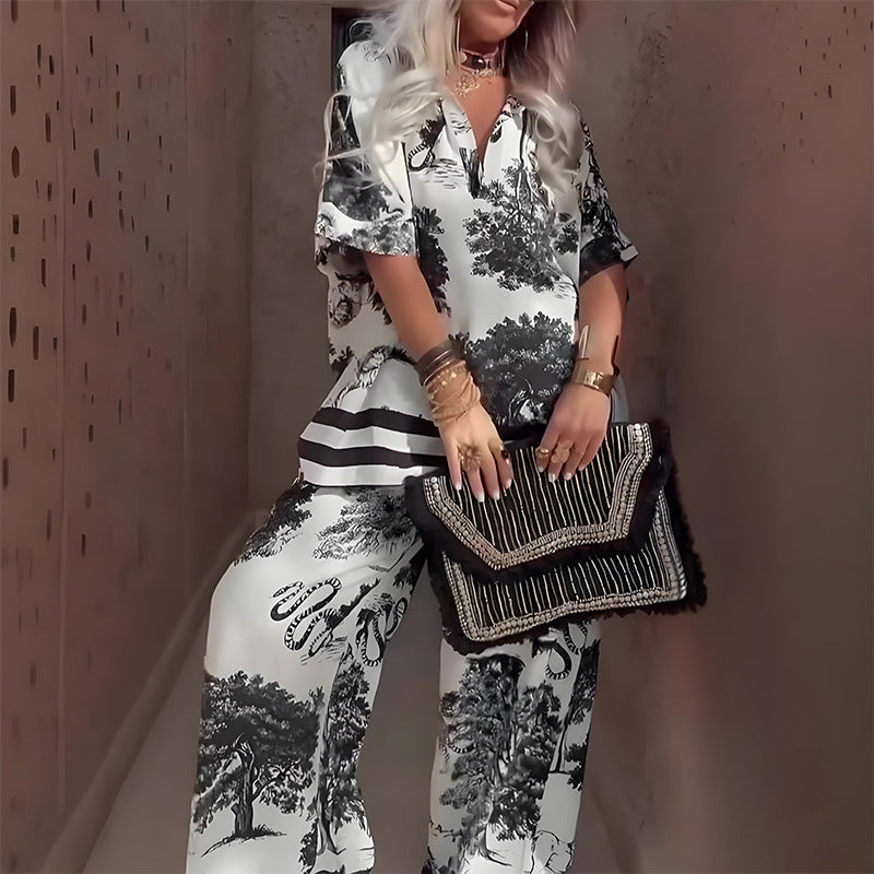 🌸50% de desconto por tempo limitado ✨ Blusa estampada com decote em V + calças compridas – Estilo elegante e leve para o verão