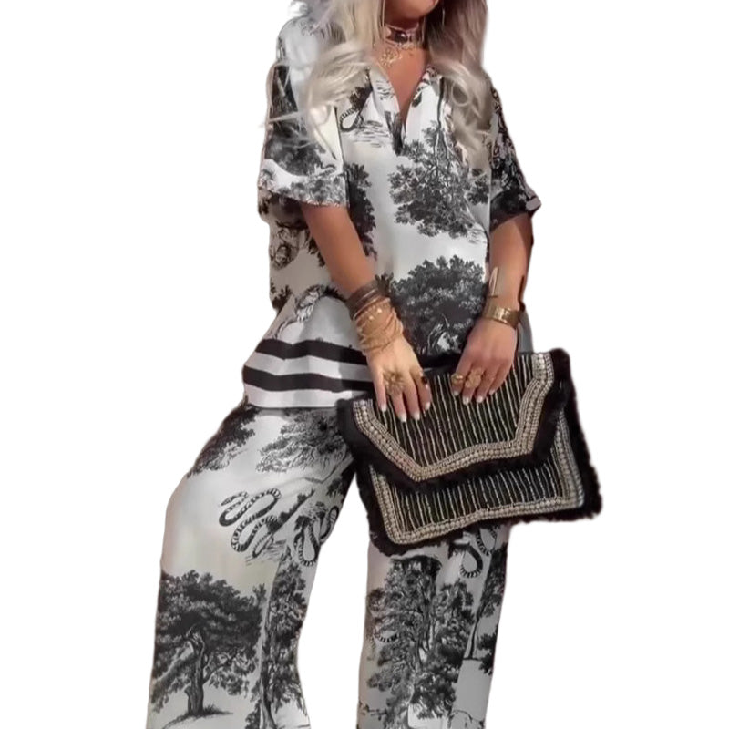 🌸50% de desconto por tempo limitado ✨ Blusa estampada com decote em V + calças compridas – Estilo elegante e leve para o verão