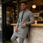 Conjunto de túnica e calças para homem moderno com gola mandarim