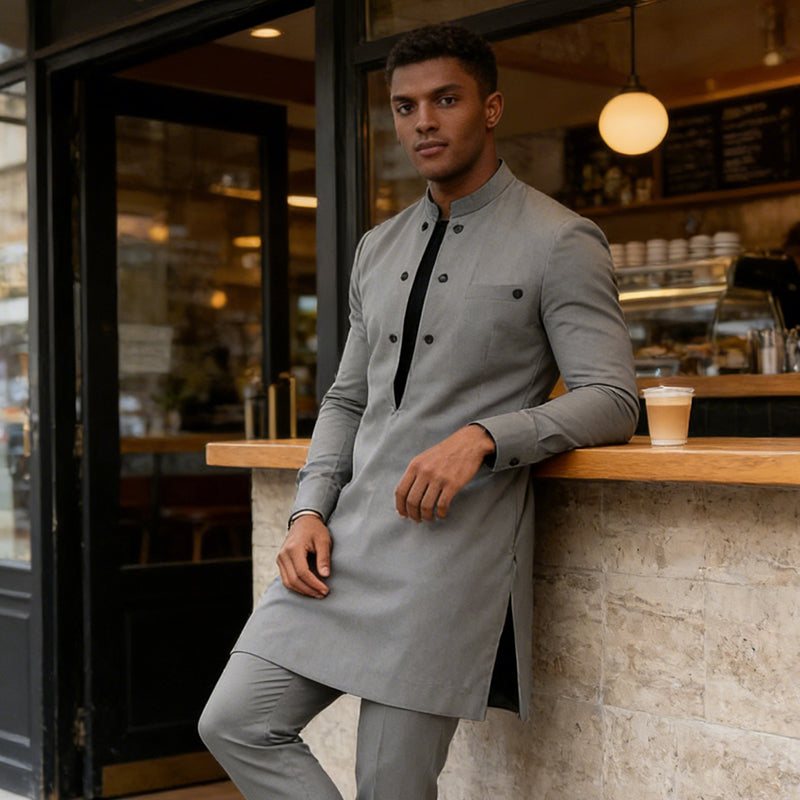Conjunto de túnica e calças para homem moderno com gola mandarim