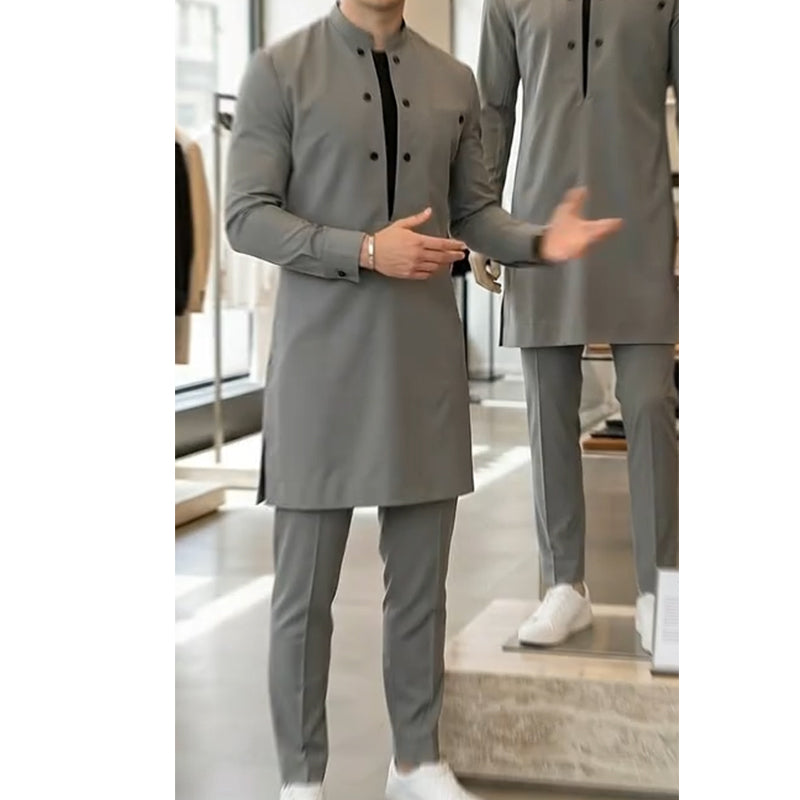 Conjunto de túnica e calças para homem moderno com gola mandarim