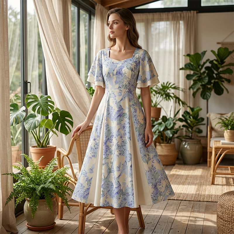 🔥Ofertas Imperdíveis - Vestido Evasê com Mangas Flutuantes e Detalhe Etéreo