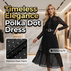 Vestido midi elegante com estampado de bolinhas e laço no pescoço