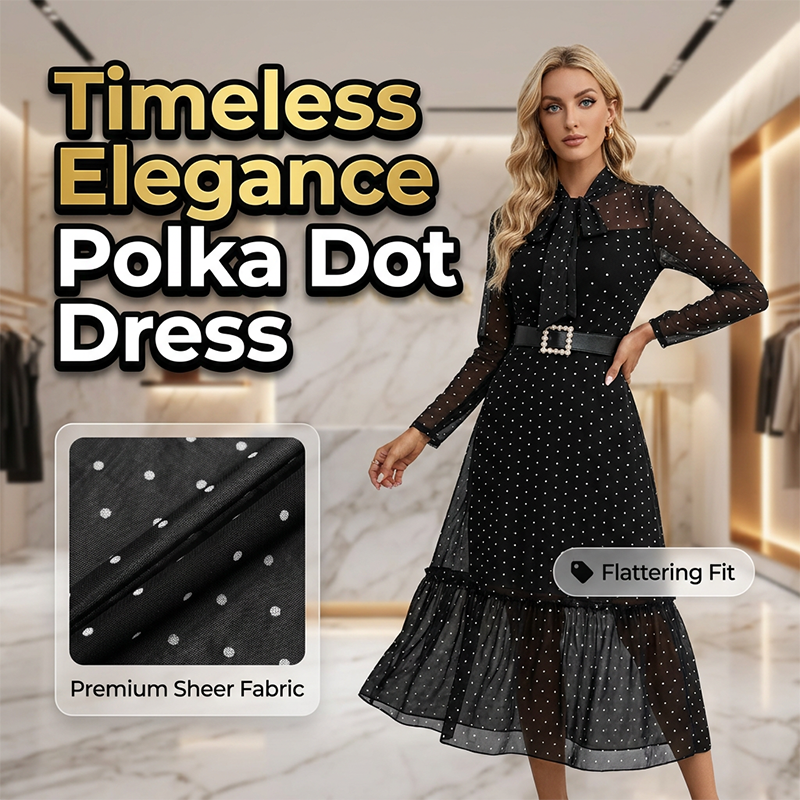 Vestido midi elegante com estampado de bolinhas e laço no pescoço