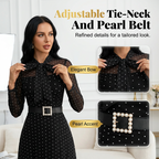 Vestido midi elegante com estampado de bolinhas e laço no pescoço