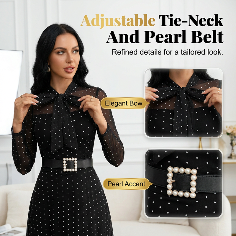 Vestido midi elegante com estampado de bolinhas e laço no pescoço