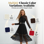 Vestido midi elegante com estampado de bolinhas e laço no pescoço