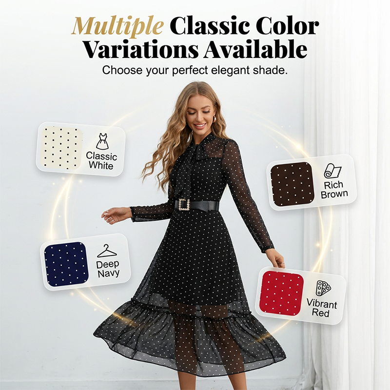 Vestido midi elegante com estampado de bolinhas e laço no pescoço